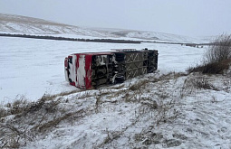 В Забайкалье вахтовый автобус врезался в корову и опрокинулся